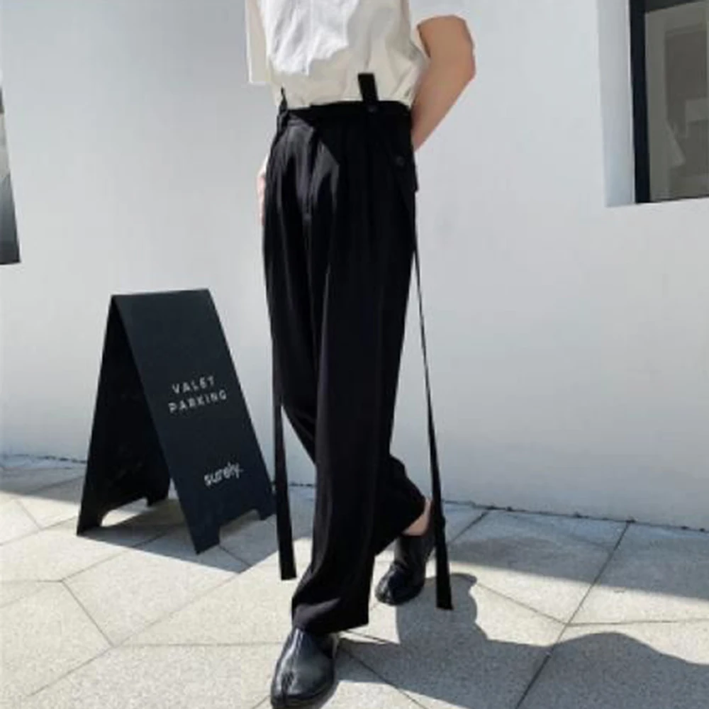 Men Ribbon Suit Pant Men Casual Trousers Men Loose Straight Ancle-length Streetwear Retro Solid Button Wide led