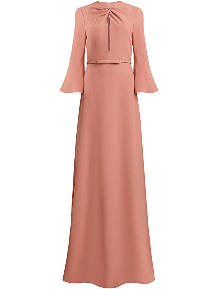 Sweetsince Nude Pink Maxi Dress Women Luxury Elegant Round Neck Flare Sleeve Cut-out Chic High Waist Long Spring Party 2023 New