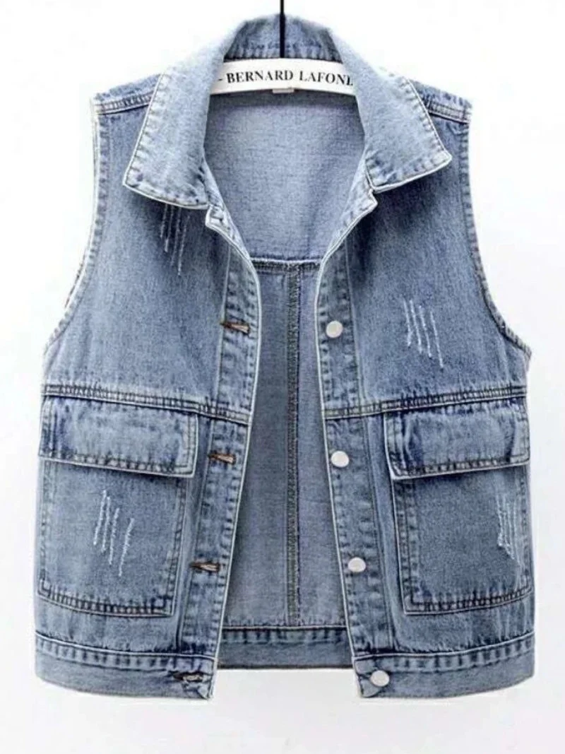

Spring and summer new denim vest women's short Korean version loose and versatile large pocket sleeveless vest jacket waistcoat
