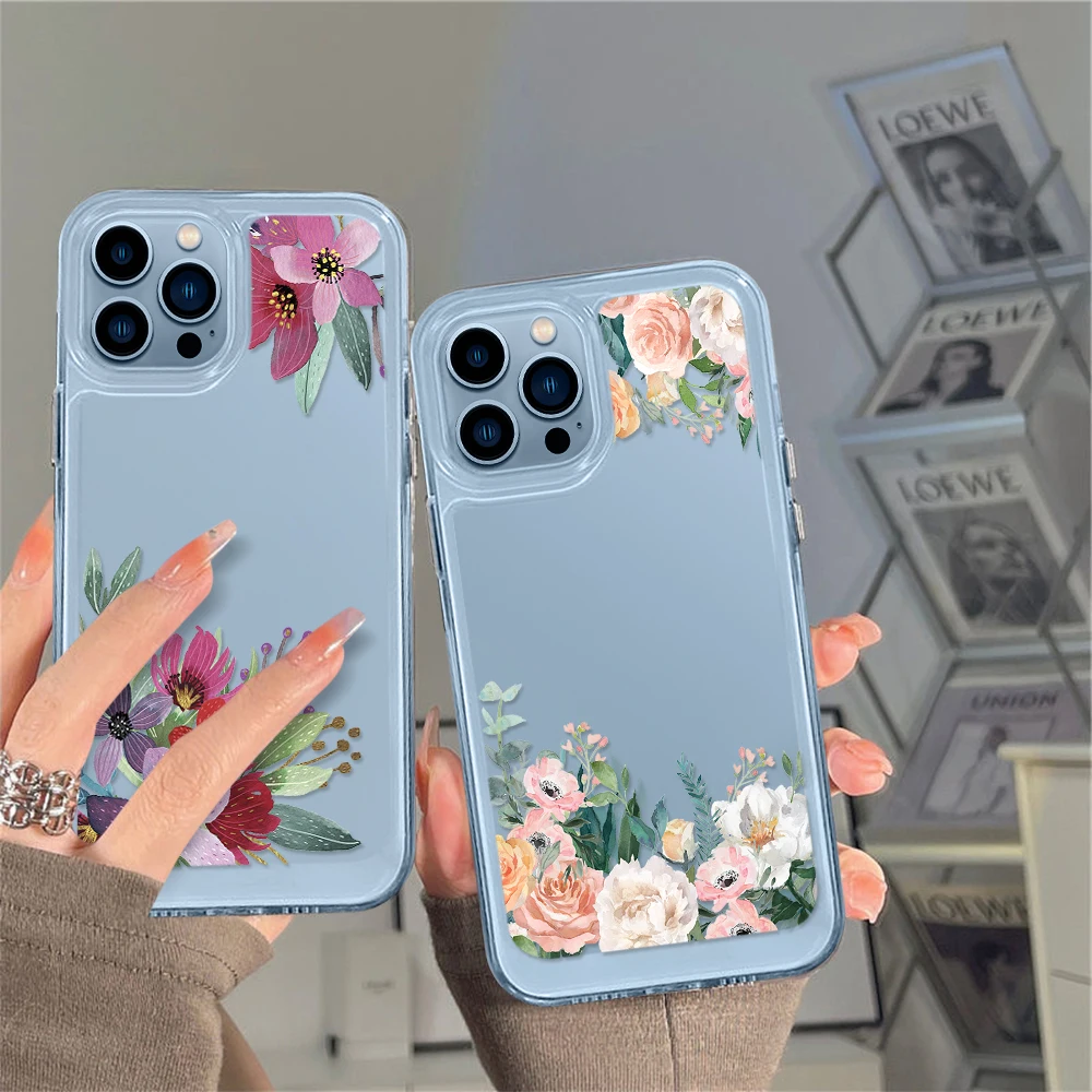 

New Flower Transparent Phone Case for iPhone 14 13 12 11 Pro Max Mini XS XR X Clear Shell for iPhone14promax Rose Floral Cover