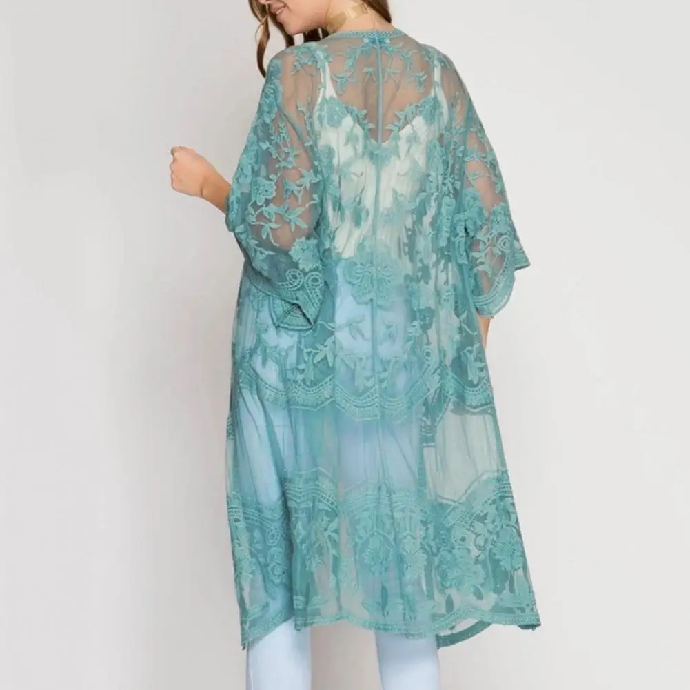 

Women Clothes Stylish Lace Embroidered Women's Cardigan Sheer Three Quarter Sleeve Loose Fit for Beach Vacations Everyday Wear