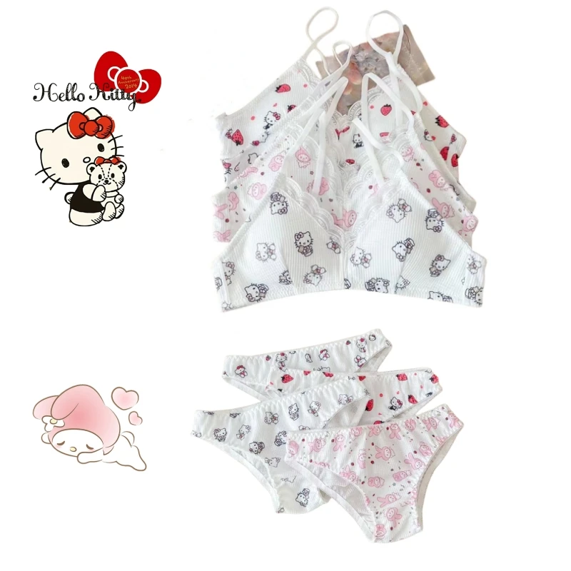 

2Pcs New Hello Kitty Cartoon Underwear My Melody Anime Kawaii Girl Soft Comfortable Bra Lingerie Vest Women Suit Children's Gift