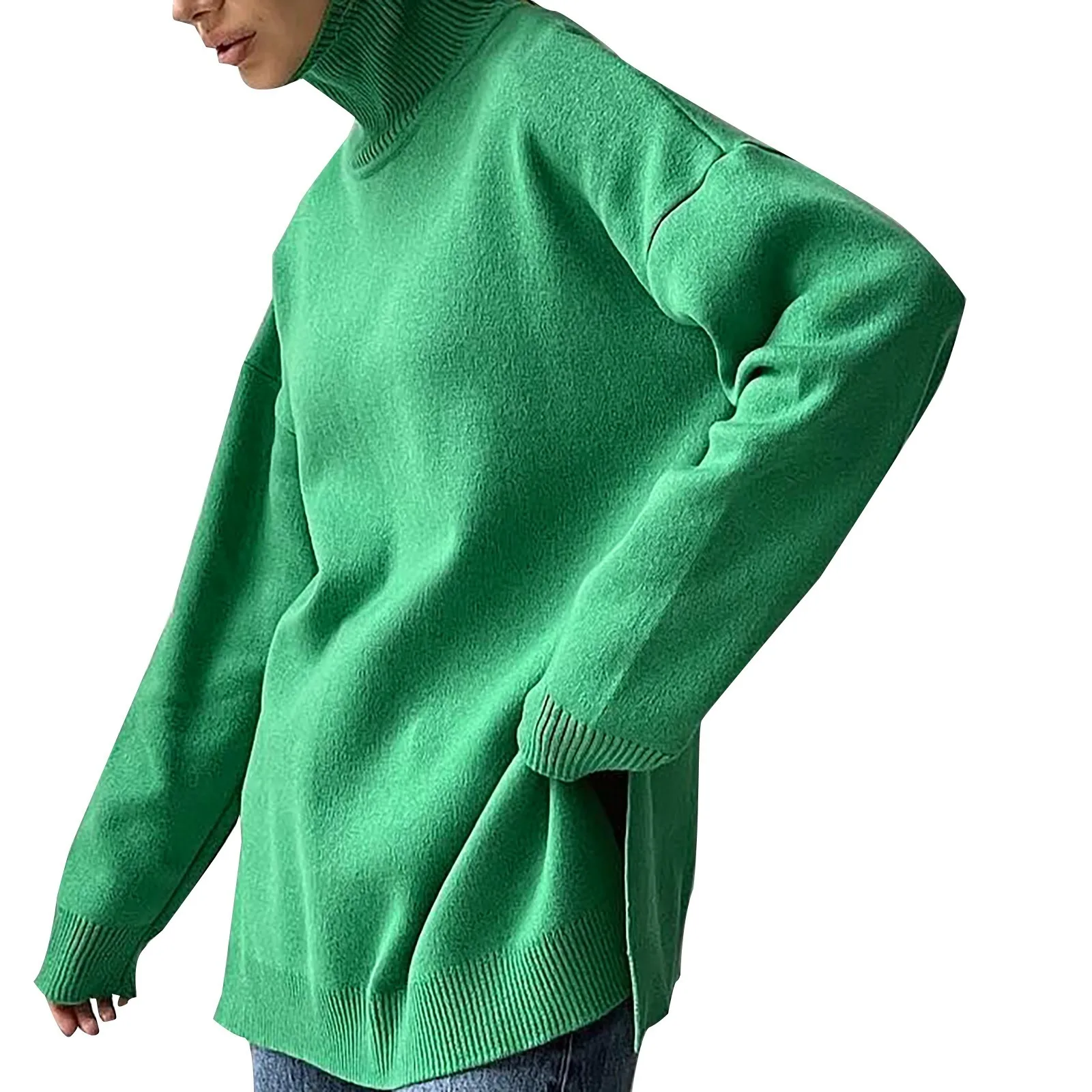 

Sweater Medium Women's Long Sleeve Loose Knit Solid Color Warm Casual High Neck Pullover Sweater