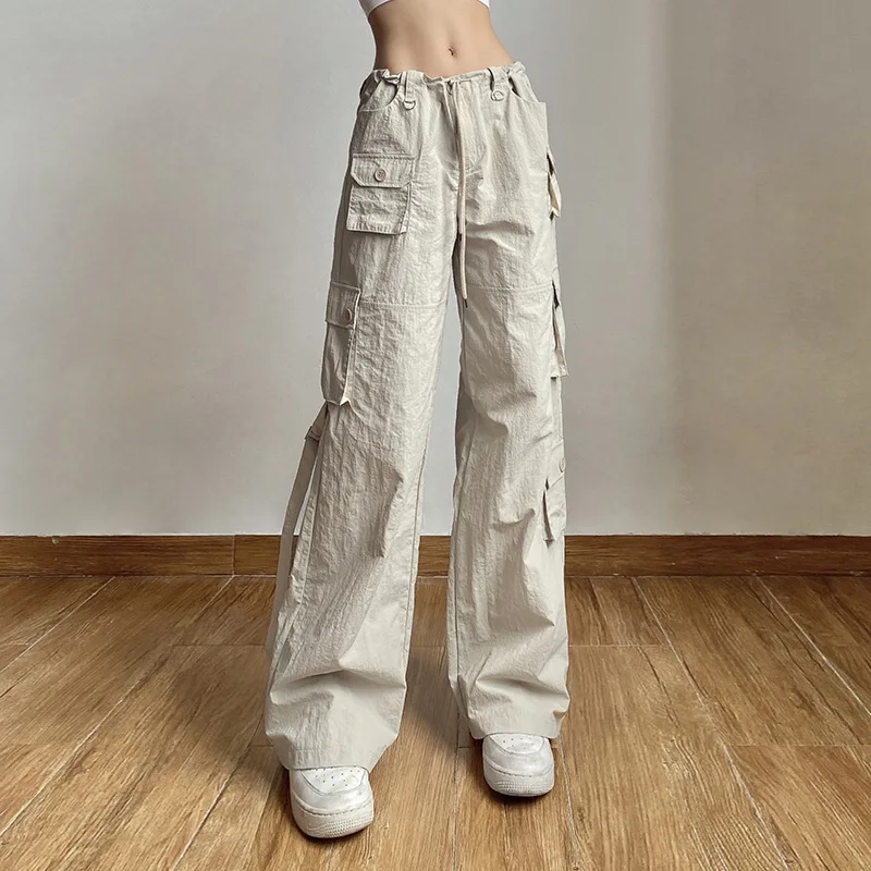 

2022 summer utility pocket straight drawstring low waist woven casual pants women's trousers