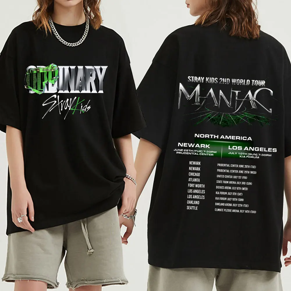 

Korean Stray Kids 2nd World Tour Maniac Double Sided Print T-shirt Men's 100% Cotton T Shirts Streetwear Short Sleeve Tees KPOP