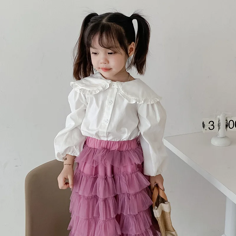 Freely Move Children Clothing 2022 New Autumn Fashion Child Solid Ruffle Lapel Tops Kids Baby Girls Long Sleeve Blouse Shirt
