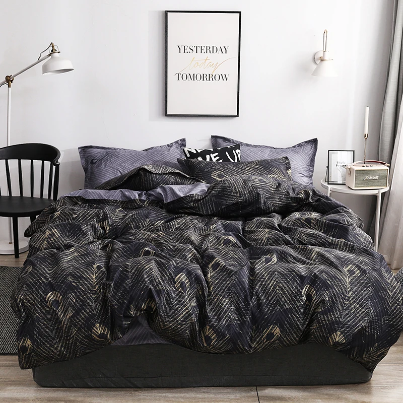 

Classic Feather Black bedding set linen bed duvet cover sets Leopard 3pcs super king size Queen home textile cotton bedclothes