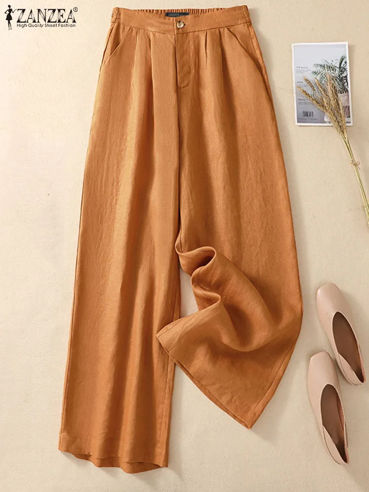 

ZANZEA Women Ladies Cotton Pants 2023 Summer Wide Leg Pants Casual Solid Loose Baggy Pantalons Kaftan Holiday Bottoms Palazzo