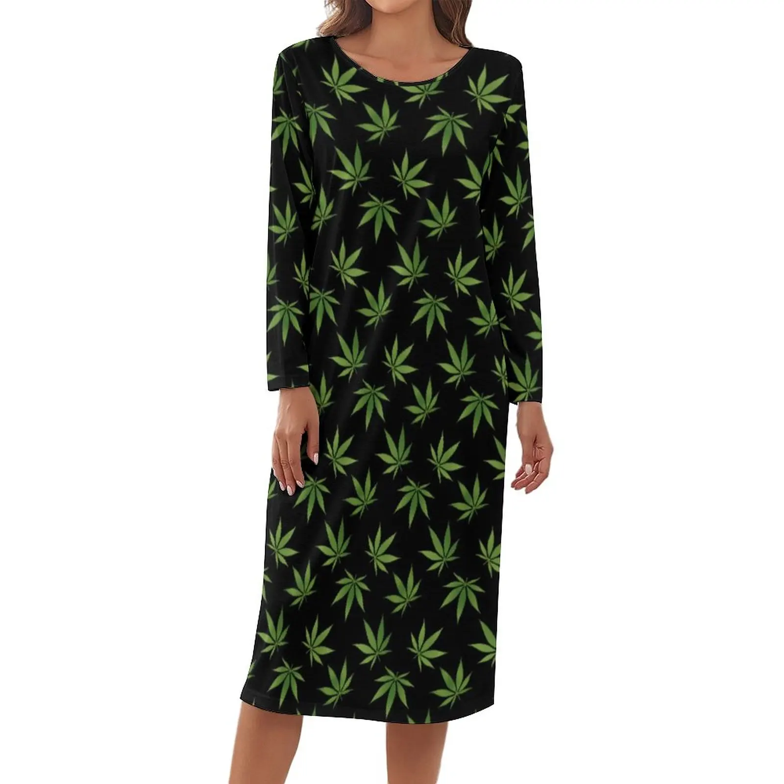 

Weed Large Leaf Pattern Pajamas Green Reefer Long Sleeves Trendy Dresses Hot Women Bedroom Nightgown O Neck Print Home Suit