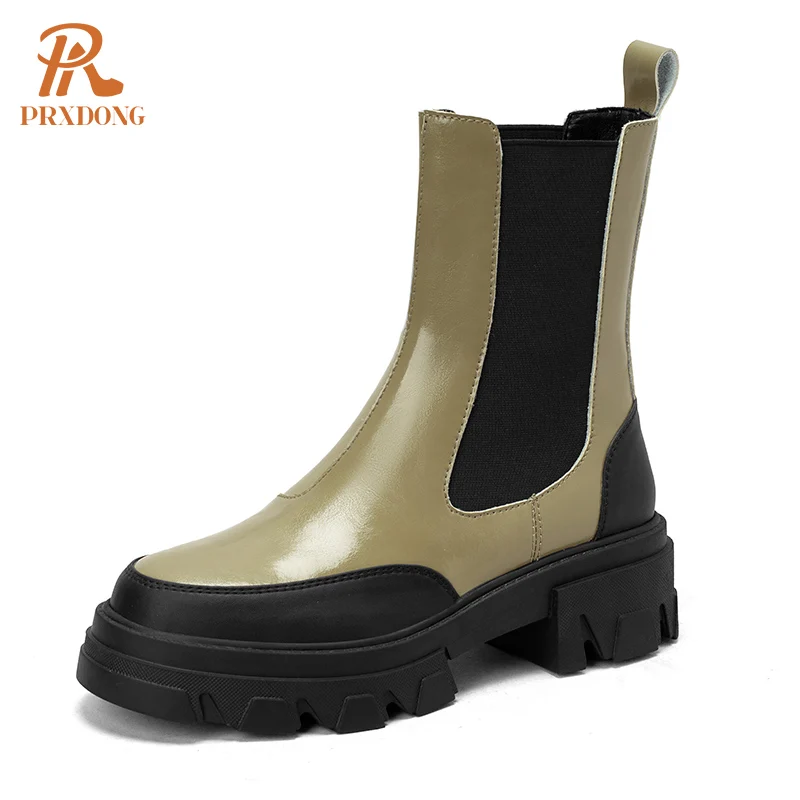 

PRXDONG New 2022 Fashion Genuine Leather Chunky Med Heel Platform Women's Shoes Autumn Winter Chelsea Ankle Boots Big Size 35-42