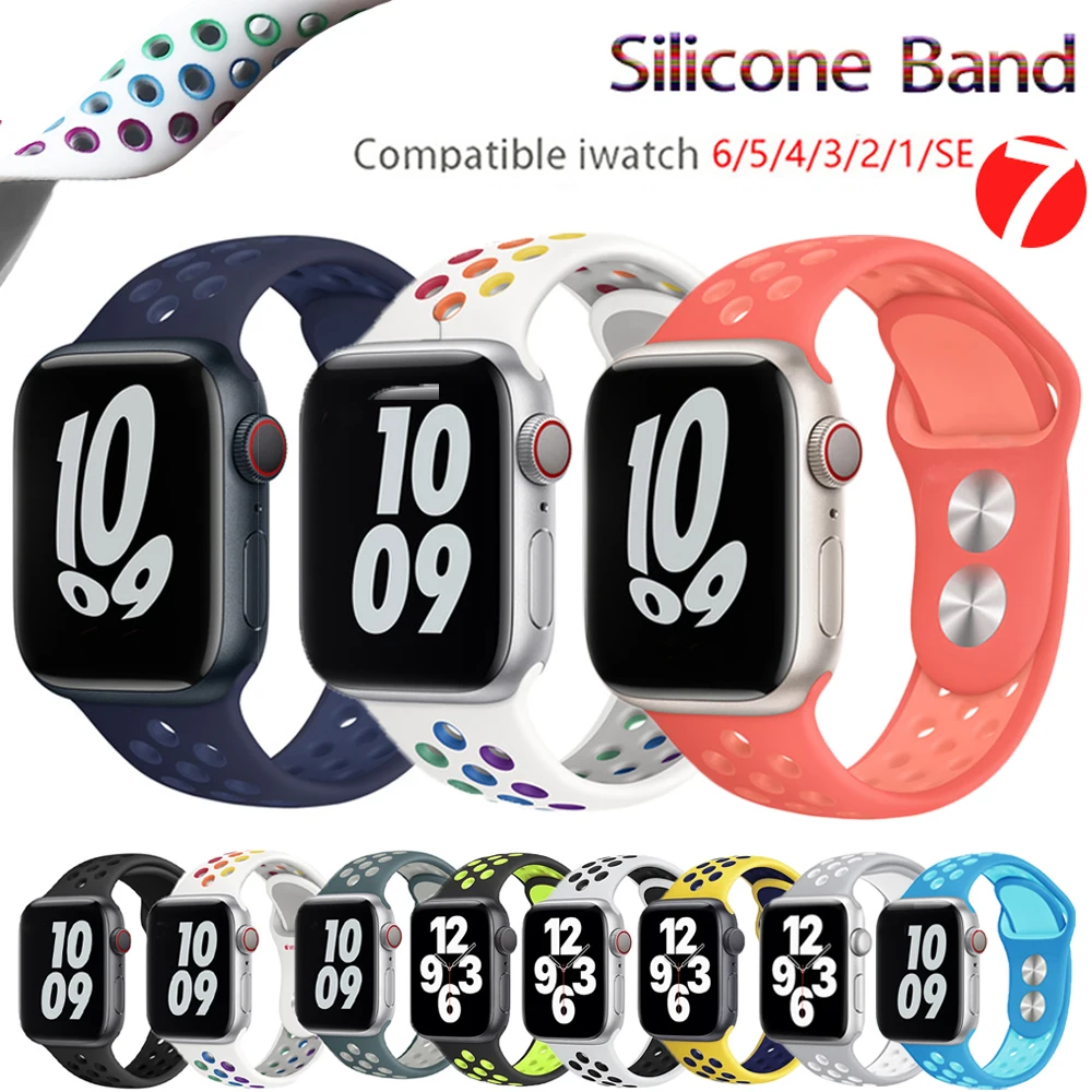 

Ремешок силиконовый дышащий спортивный для Apple Watch 7 41 45 мм, резиновый браслет для iWatch Series 3 se 4 5 6, 40 44 38 мм 42 мм