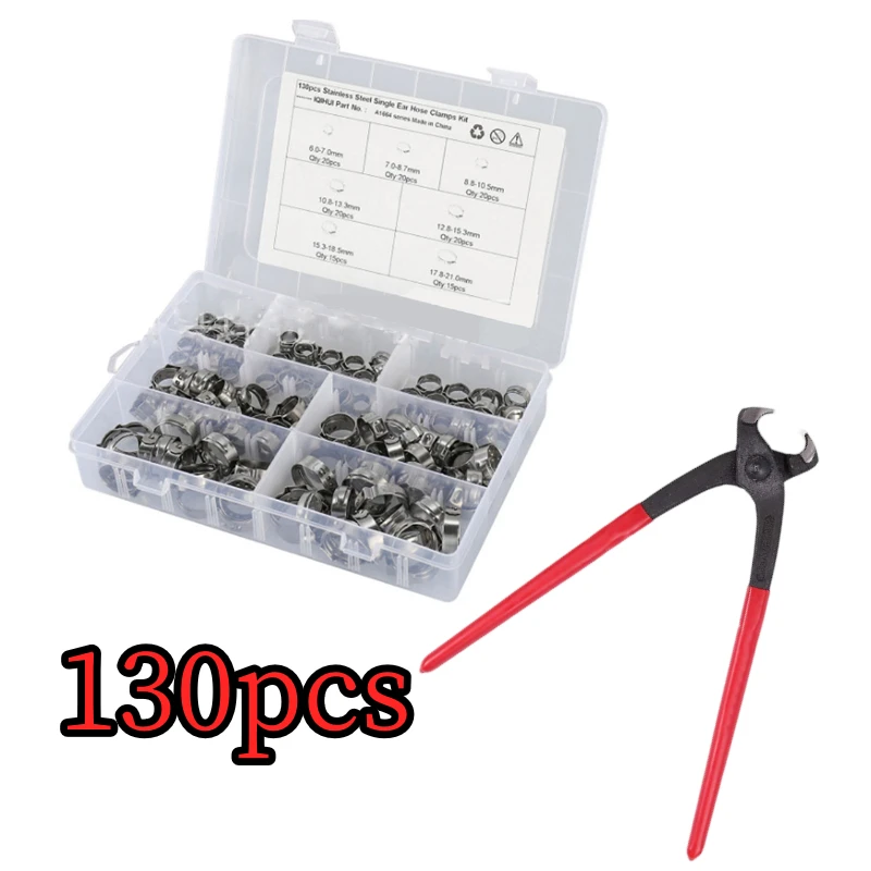 

130pcs Stainless Steel 304 Single Ear Hose Clamps Assortment Kit 6-21mm Crimp Pinch Rings for Securing Pipe Hoses