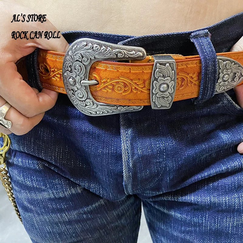 

ALZY08 Genuine Cowhide Leather Handmade Durable Popular Buckle Biker Belt