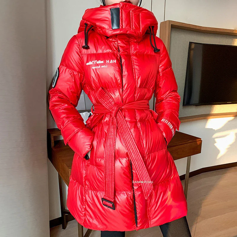 2023 New Winter Jacket With Belt Thick Warm White Duck Down Clothing Outerwear High Quality Fashion Women Coat