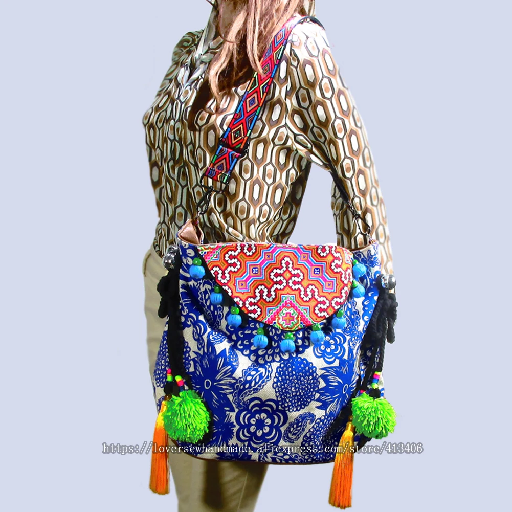 

2-usage Vintage Hmong Tribal Ethnic Thai Indian Boho Shoulder Bag Messenger Purse Hobo Tote for Women Embroidery , SYS-591