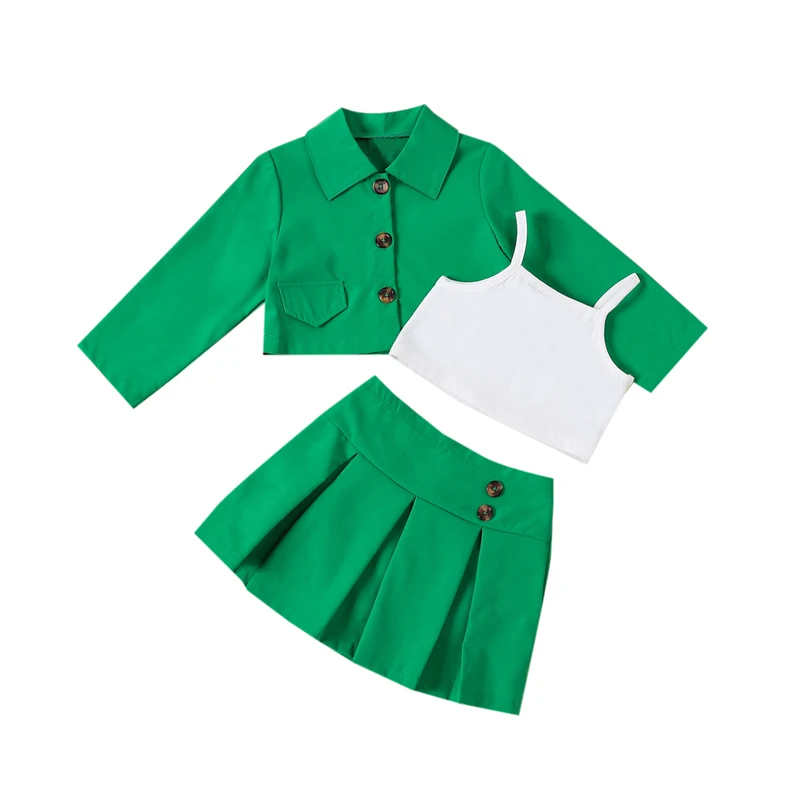 

Осенний комплект из 3 предметов для маленьких девочек, однобортный пиджак с длинным рукавом + топ на бретельках + плиссированная юбка, Детский костюм
