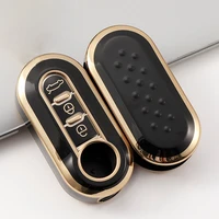 3 buttons tpu gold edge car flip folding key case cover for fiat 500 remote key shell holder protecor keychain accessories