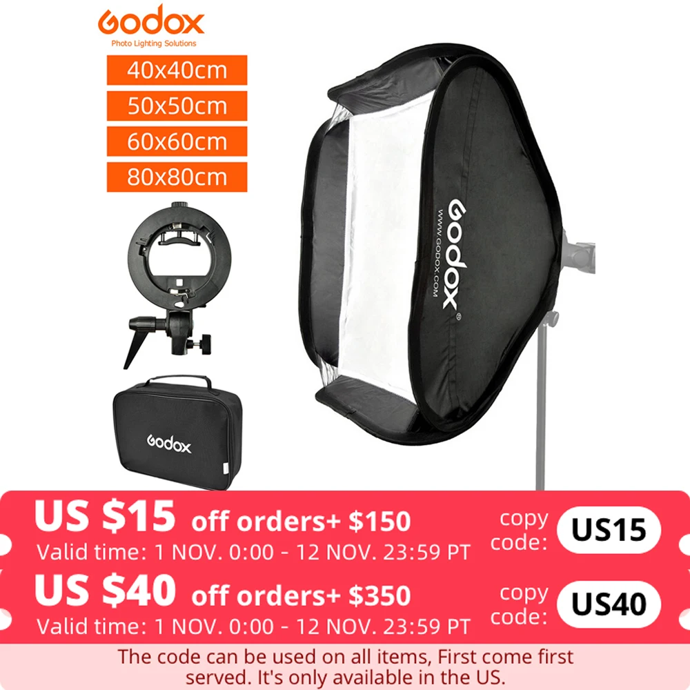 

GODOX 40x40 см 50x50 см 60x60 см 80x80 см софтбокс с S-образным кронштейном, стабильный штатив Bowens, складной софтбокс в комплекте
