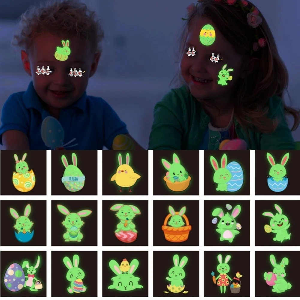 

24pcs Children's Easter Luminous Tattoo Face Paste Cute Rabbit Eggs Tattoo Sticker Funny Temporary Foot Hand Tattoo Stickers