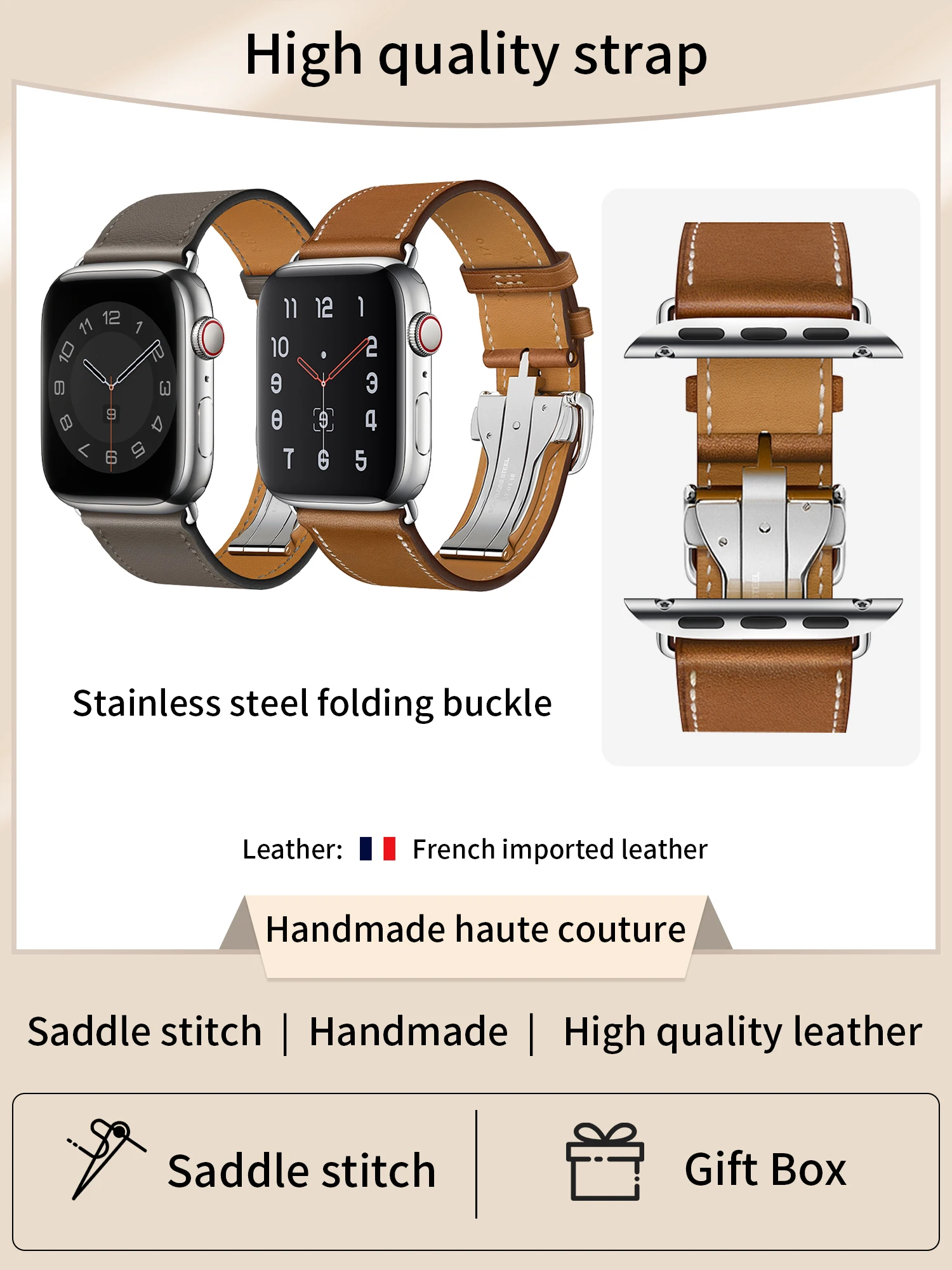 Jincor High Quality Genuine Leather Single Tour Deployment Buckle Strap For Iwatch Apple Watch 8 Ultra 7 6 Se 5 4 3 2 45mm 49mm