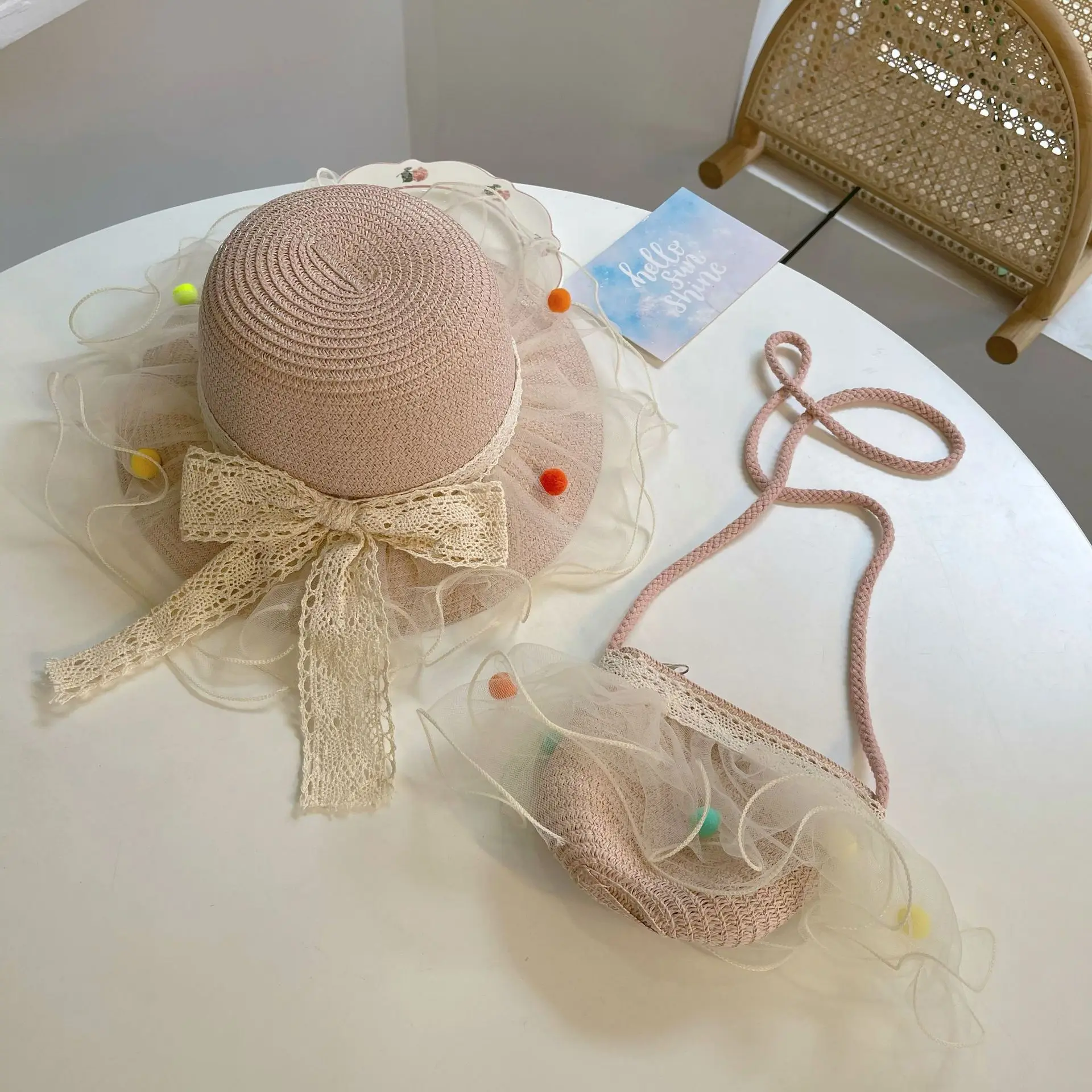 

Fashion 2Pcs Girl Straw Hat Princess Hat Lace Bow Beach Hat and Bag Suit Sunscreen Caps Sunscreen Caps Kid Accessories 1-7Years