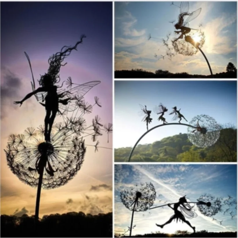 

Garden Yard Dancing Fairy Statue Ornament Metal Steel Wires Miniature Pixies Figurine Dandelion Sculpture Lawn Landscape