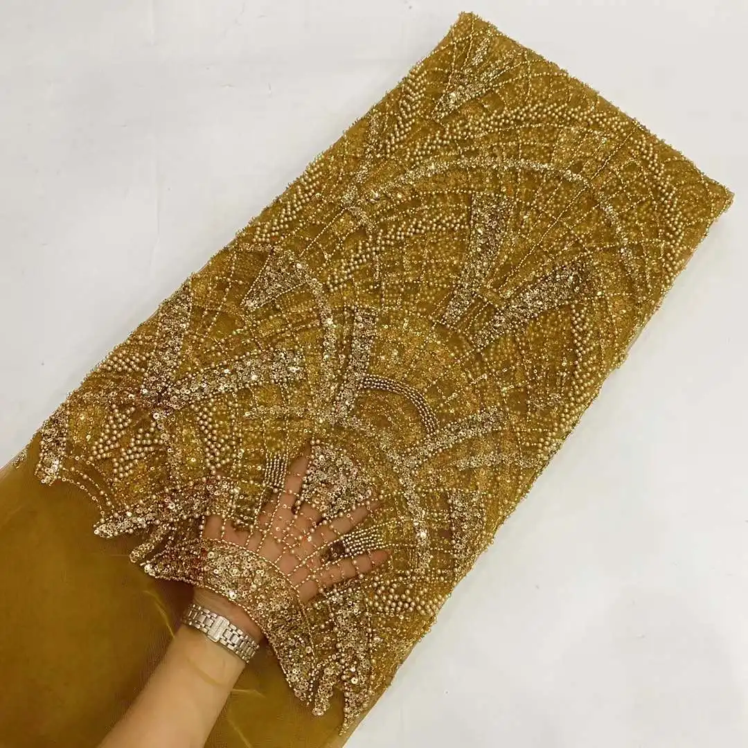 

2023 High-End Handmade Beaded Lace Fabric France Sequins Embroidery 3D Beads Nigerian Bridal Mesh Lace Fabric For Sewing