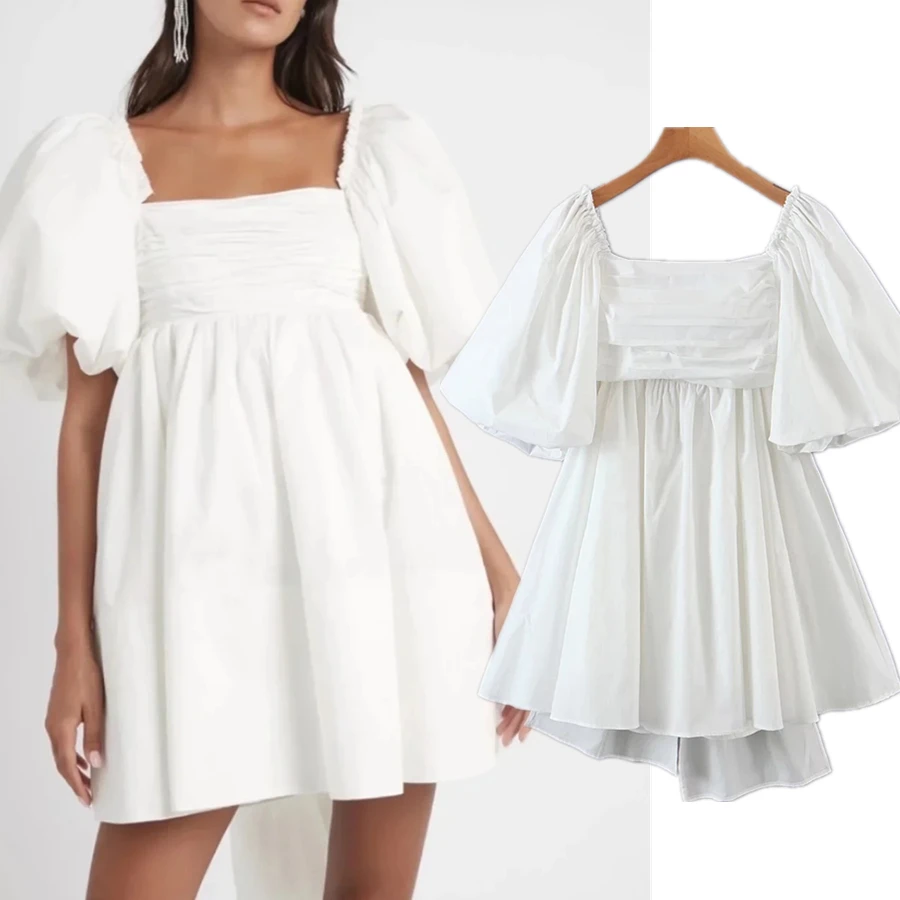 

Dave&Di 2023 Sexy Casual Mini Bow Dress Women Indie Folk France Style Vintage Cascading Square Collar Puff Sleeve Party Dress