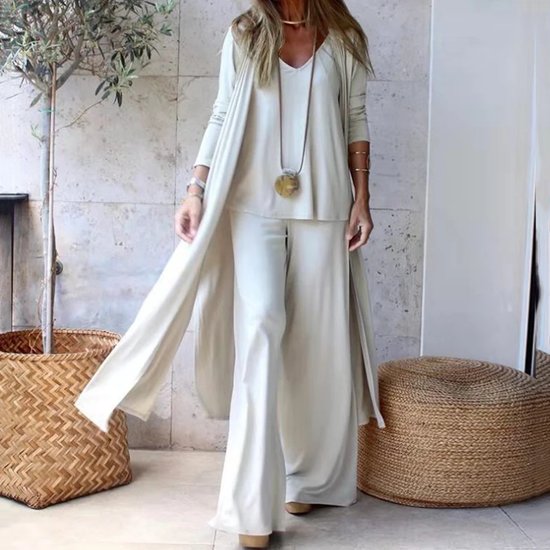 Three Piece Sets Fashion Long Cardigan Cover Up V-Neck Sling Tank Undershirt Whit Straight Pant Suit Causal Loose Solid Sets