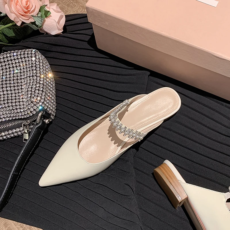 

2022 Spring Women Muller Flats Genuine Leather Daily Shoes With Low Heeled Outwear Woman Crystals Shoes With Pointed Toe Slipper