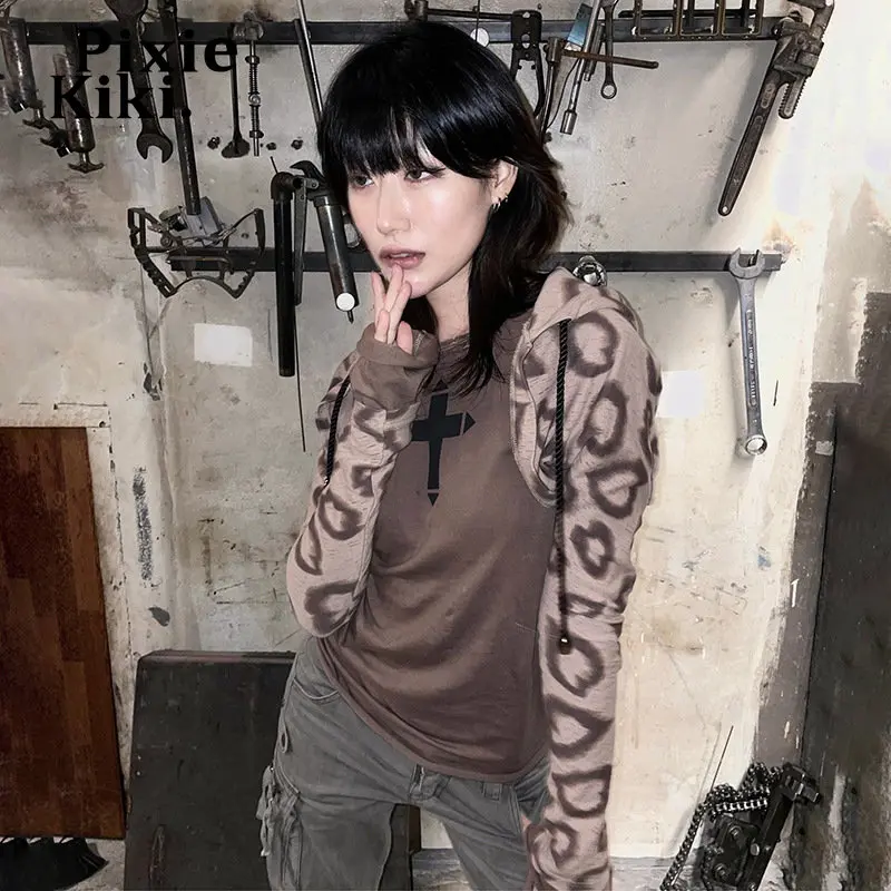 

PixieKiki Толстовка Y2k гранж коричневый кардиган с принтом Love с длинным рукавом графические свитшоты Эстетическая одежда укороченные куртки же...
