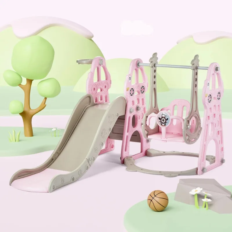 

Slide Set for Toddler Age 1-6, Extra Large Baby Indoor Outdoor Activity Playground with Basketball Hoop and Climber – Pink