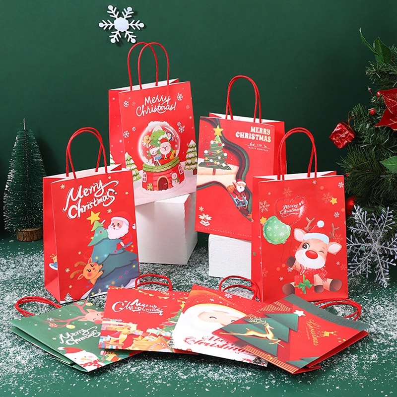 

5pcs 2 Sizes Christmas Gift Bags Kraft Paper Bag Candy Cookie Packaging Pocket Xmas Packing Bags Handbag 21X27X11cm 15X21X8cm