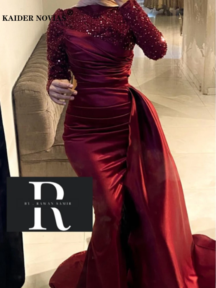 

Kadier Novias Long Sleeves Burgundy Mermaid Muslim Turkey Women's Evening Dresses 2022 with Skirt Floor Length Prom Party Gowns