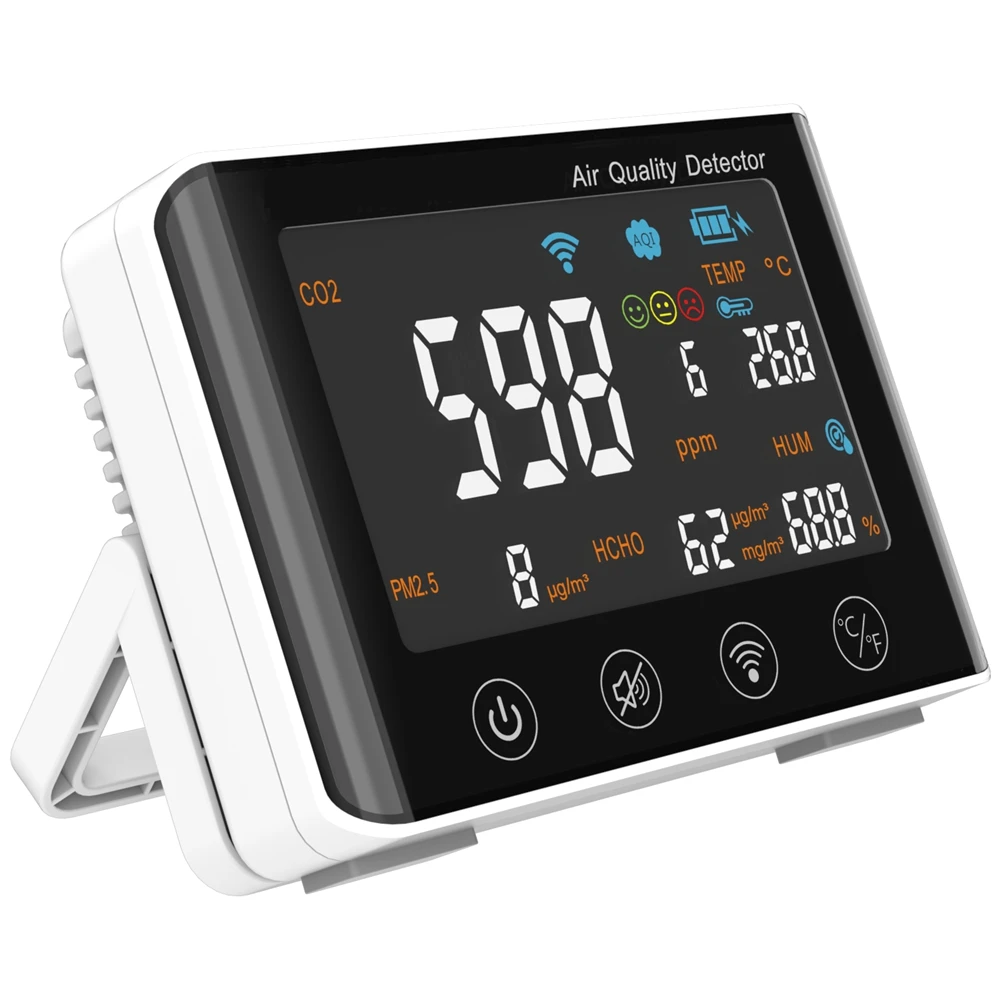 

WiFi 6-In-1 Air Quality Detector Indoor Air Quality Monitor CO2 /Temperature/ Humidity / AQI /HCHO / PM2.5 for Home