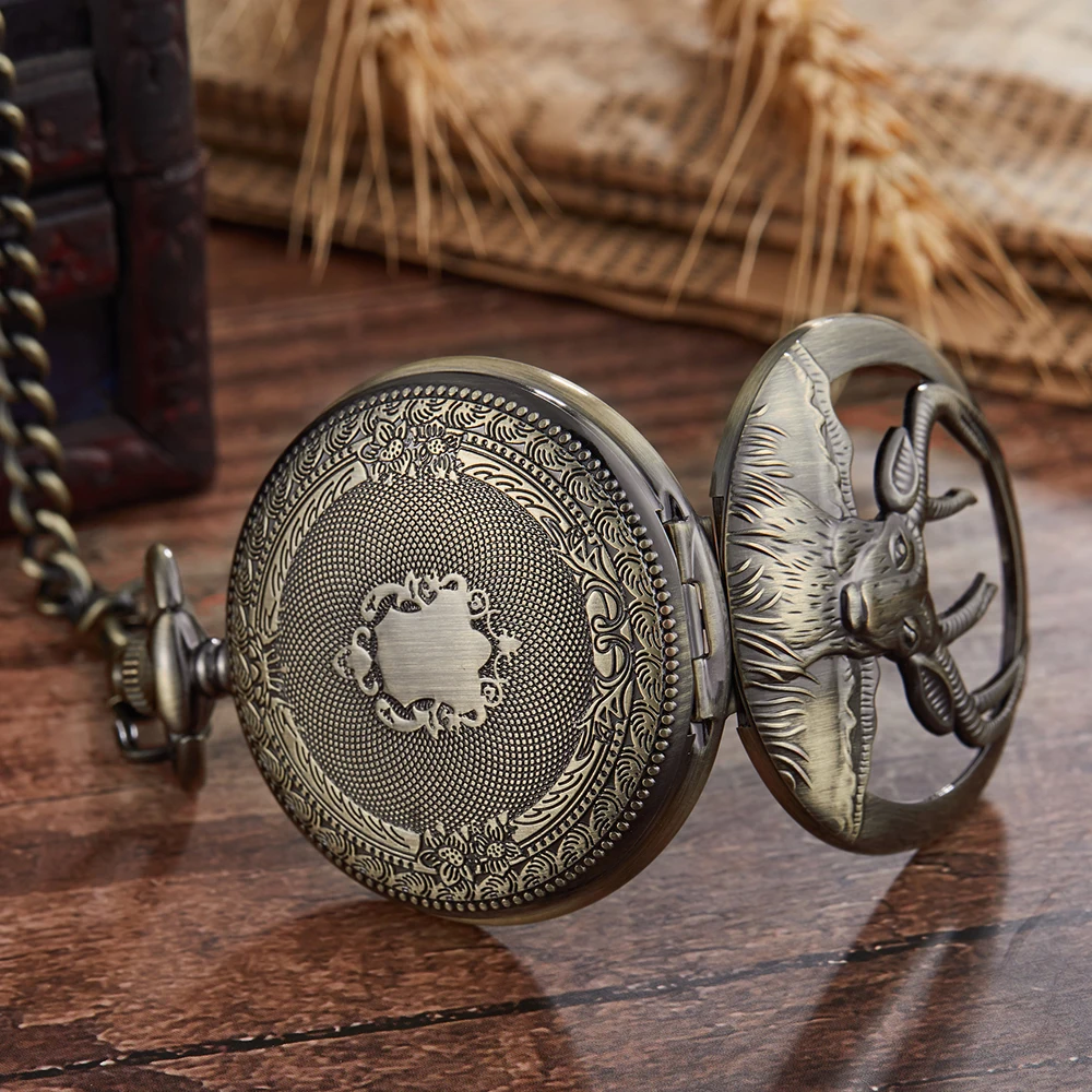 Golden Silver Mechanical Pocket Watch Male Animal Goat Clock Steampunk Hollow Luxury Pendant Necklace Fob Chain Men reloj hombre