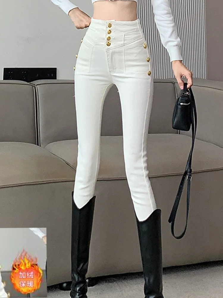 

Повседневные тонкие бархатные облегающие джинсы с завышенной талией, новинка зимы 2023, модная женская одежда