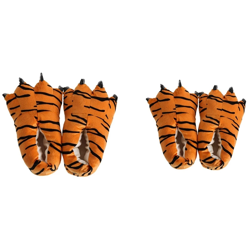 

2 Pair Warm Slipper Room Shoes Fluffy Soft Bottom Winter Room Wear Shoes Tiger Handle, L & M