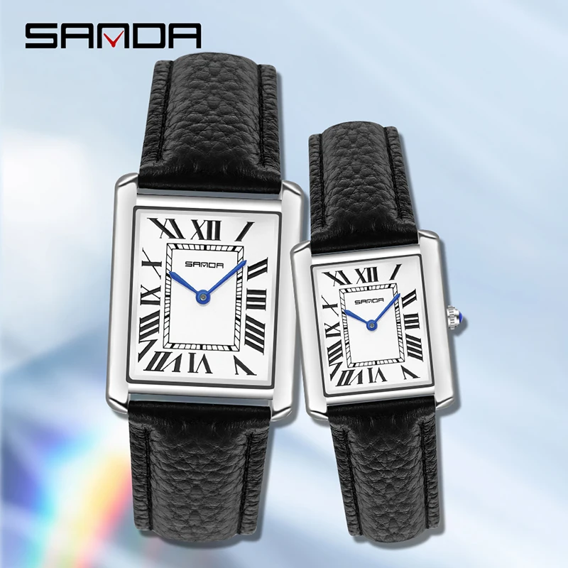 SANDA 2023 New Couple Watch 30M Waterproof Casual Fashion Quartz Watches Wear Resistant Leather Strap Square Dial Design Reloj