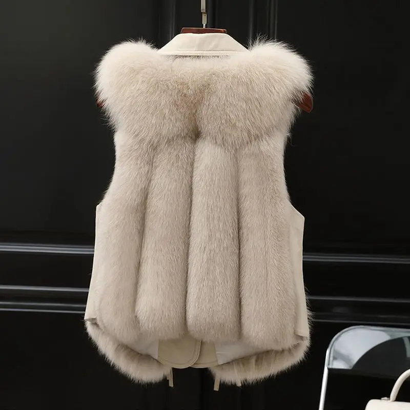 Parkas Women's Outdoors Coats Jackets Vests 2022 Winter Faux Fur Imitation Fox Hair PU Splicing Bandage Fashion Waistcoat Woman
