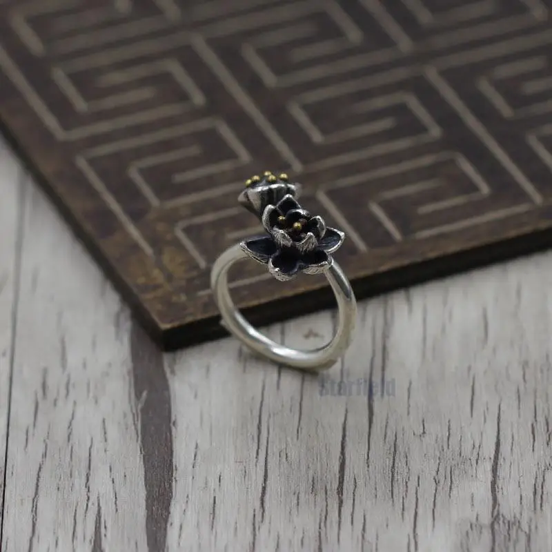 

Thai Silver Playing Beautiful Personality Lotus Open Ring Ring Retro Lotus Ring S925 Sterling Silver Jewelry