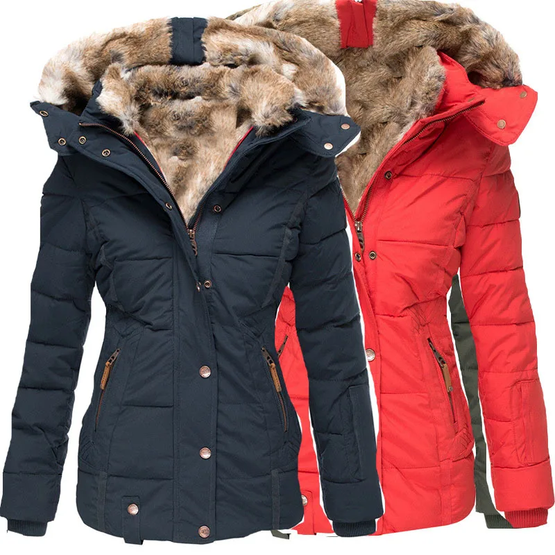 

Зимнее теплое шерстяное хлопковое пальто с воротником, женское облегающее хлопковое пальто на молнии с длинным рукавом и капюшоном