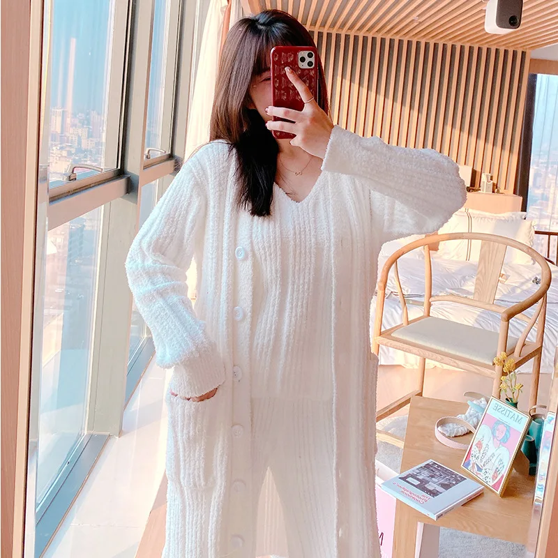 Winter Pajamas Three-piece Set Coat Vest Women Trousers Long Sleeves Warm Thick Cardigan Woolen Knitting Home Clothes Europe Pjs