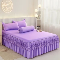 3pc home style bedspread on the bed with skirt cotton solid bed linens elastic fitted sheet with pillowcases non slip mattress