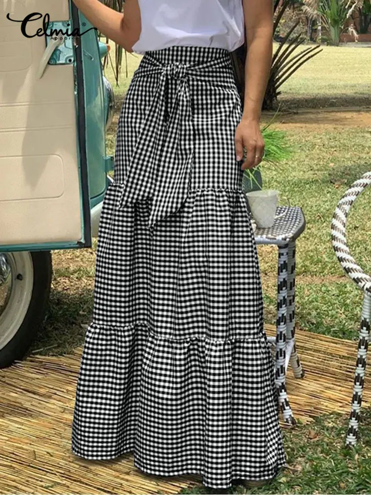 

Celmia Casual Loose Stitching Maxi Skirts Women Vintage Plaid Faldas High Waist Belted Long Skirts 2022 Fashion Pleated Jupes