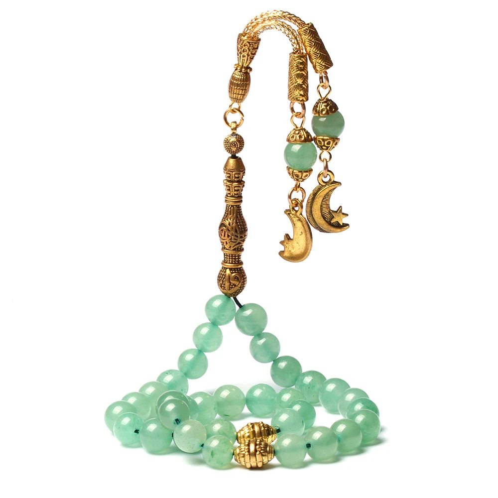 

Handmade natural aventurine stone beaded silver tassel muslim rosary 33 tasbih