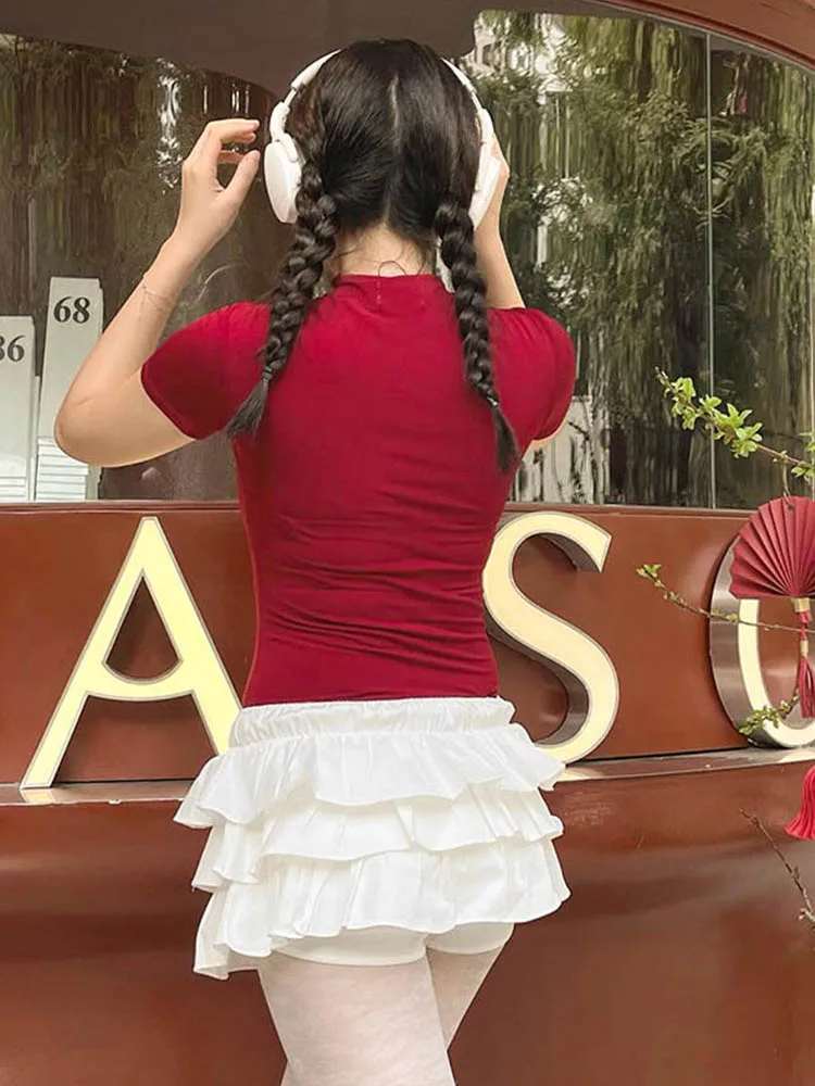 Красная футболка Y2K одежда для женщин летние облегающие топы с милым бантом и