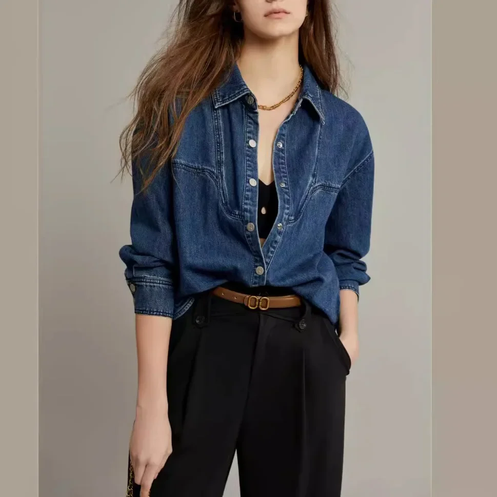 Джинсовая рубашка свободного кроя Elle во французском стиле женская новинка осени