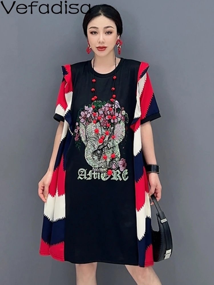 

Vefadisa 2023 Summer Women T-shirt Skirt Fashion Splicing Black Dress Personalized Casual Girl Print Short Sleeve Dress ZY1568