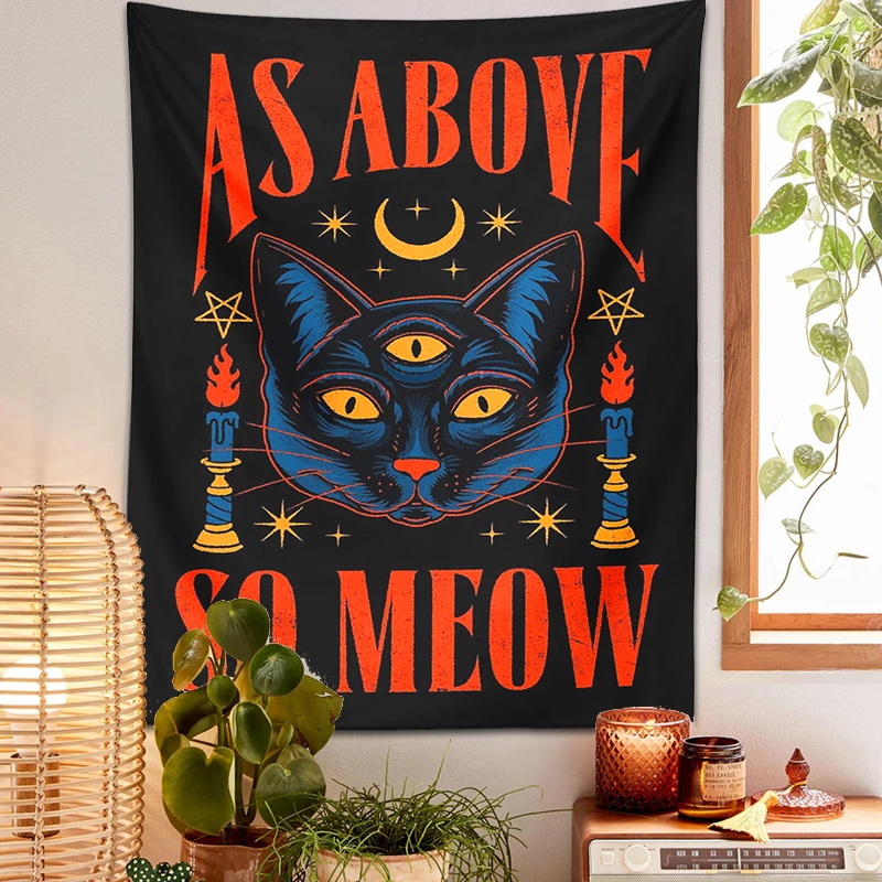 

Cat Tarot Tapestry Witchcraft Cat Wall Hanging As Above So Meow psychedelic decoration Boho moon Star Tapestries Room Bedroom